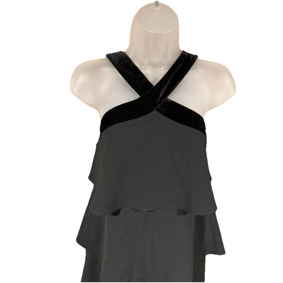 Ann Taylor Black Velvet Trim Tiered Cross Neck Midi Dress Size 6 Wedding Guest - Picture 5 of 9